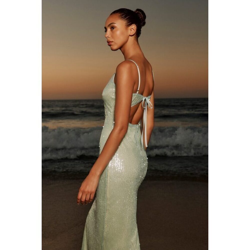 Lulus Cahya Mint Green Sequin Tie-back Midi Dress - Size M